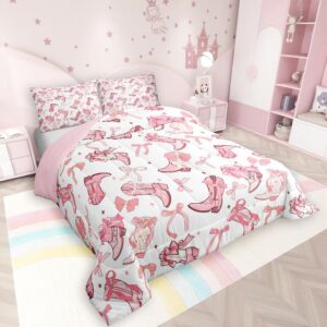 Manfei Cowgirl Comforter Set,Western Cowboy Boots Pink Bowknots Bedding Set for Kids Teens Bedroom,Dreamy Fairy Tale Princess Starry Quilt Set,Pink White Duvet Insert 2 Pcs with 1 Pillowcase,Twin