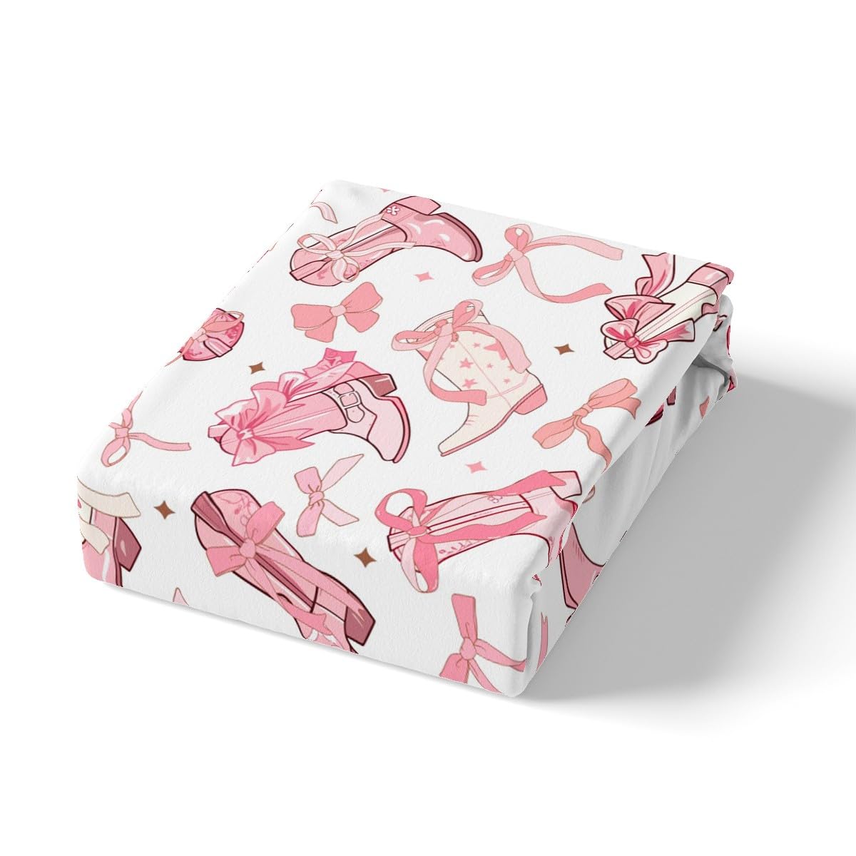 Cowgirl Fitted Sheet Twin Size,Western Cowboy Boots Pink Bowknots Bed Sheet with 1 Pillowcase,Dreamy Fairy Tale Princess Starry Pink White Soft Decorative Fabric Bedding,Room Gift