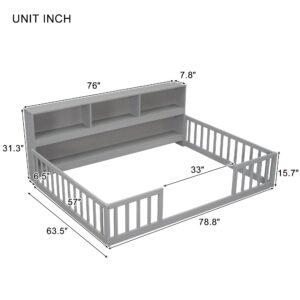 KEIKI Full Floor Bed with Side Bookcase,Shelves,Guardrails,Grey