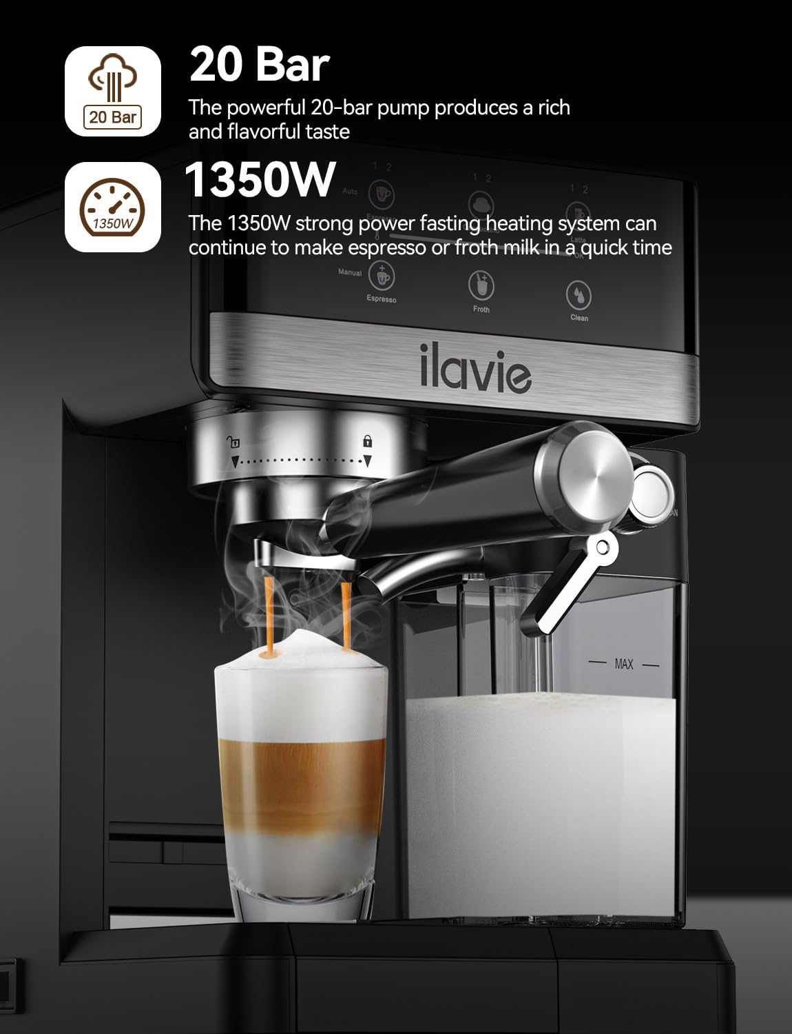 ILAVIE Espresso Machine Cappuccino Latte Coffee Espresso Maker, Auto Milk Frother for Smooth Milk Bubbles, Detachable Milk reservoir, 20 Bar High Pressure