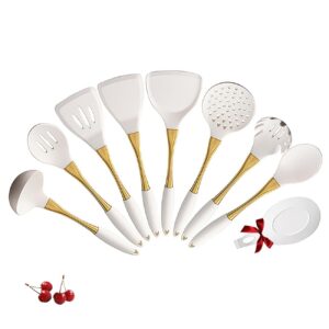 umeoneve white and gold silicone cookware set, 9-piece, universal kitchen utensils,gold with white kitchen utensils，silicone spatula cooking spoons for nonstick cookware golden stainless steel handle