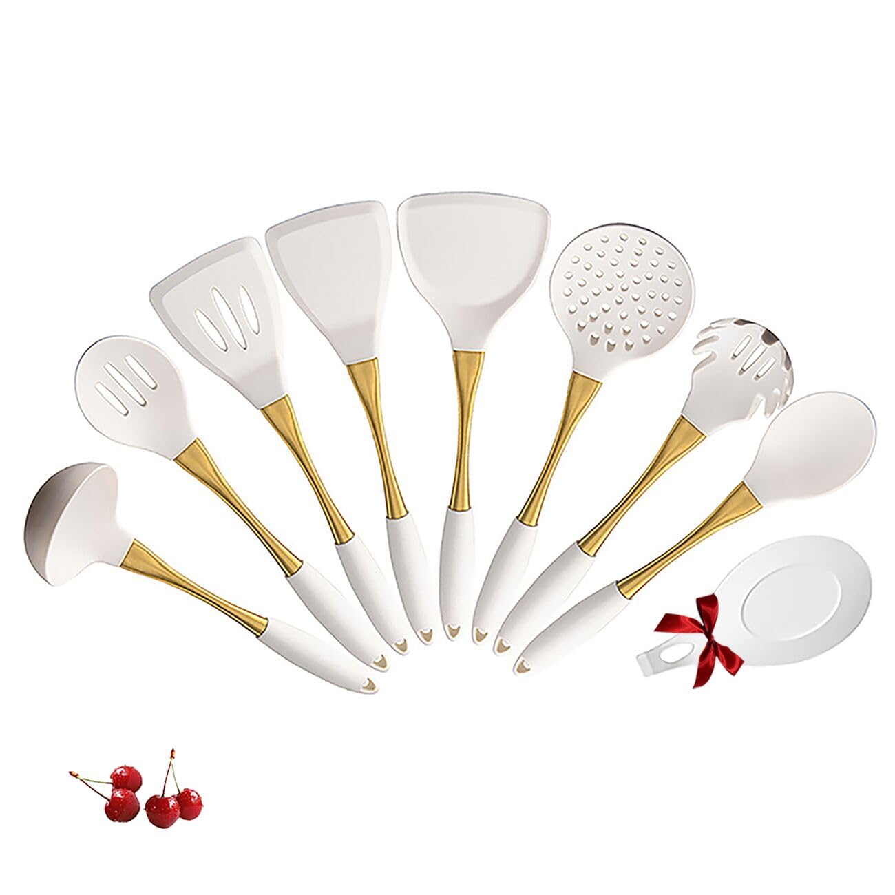 UMEONEVE White And Gold Silicone Cookware Set, 9-Piece, Universal Kitchen Utensils,gold with white kitchen utensils，Silicone Spatula Cooking Spoons for Nonstick Cookware Golden Stainless steel Handle