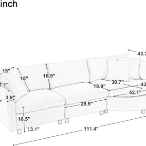 BSYEIO 111.4" Modern Sectional Sofa Couch for Living Room L-Shape Sofa Couch with Curved Chaise, Upholstered 3-Seat Sofa Couch Fabric Couch Set for Apartment Office Grey