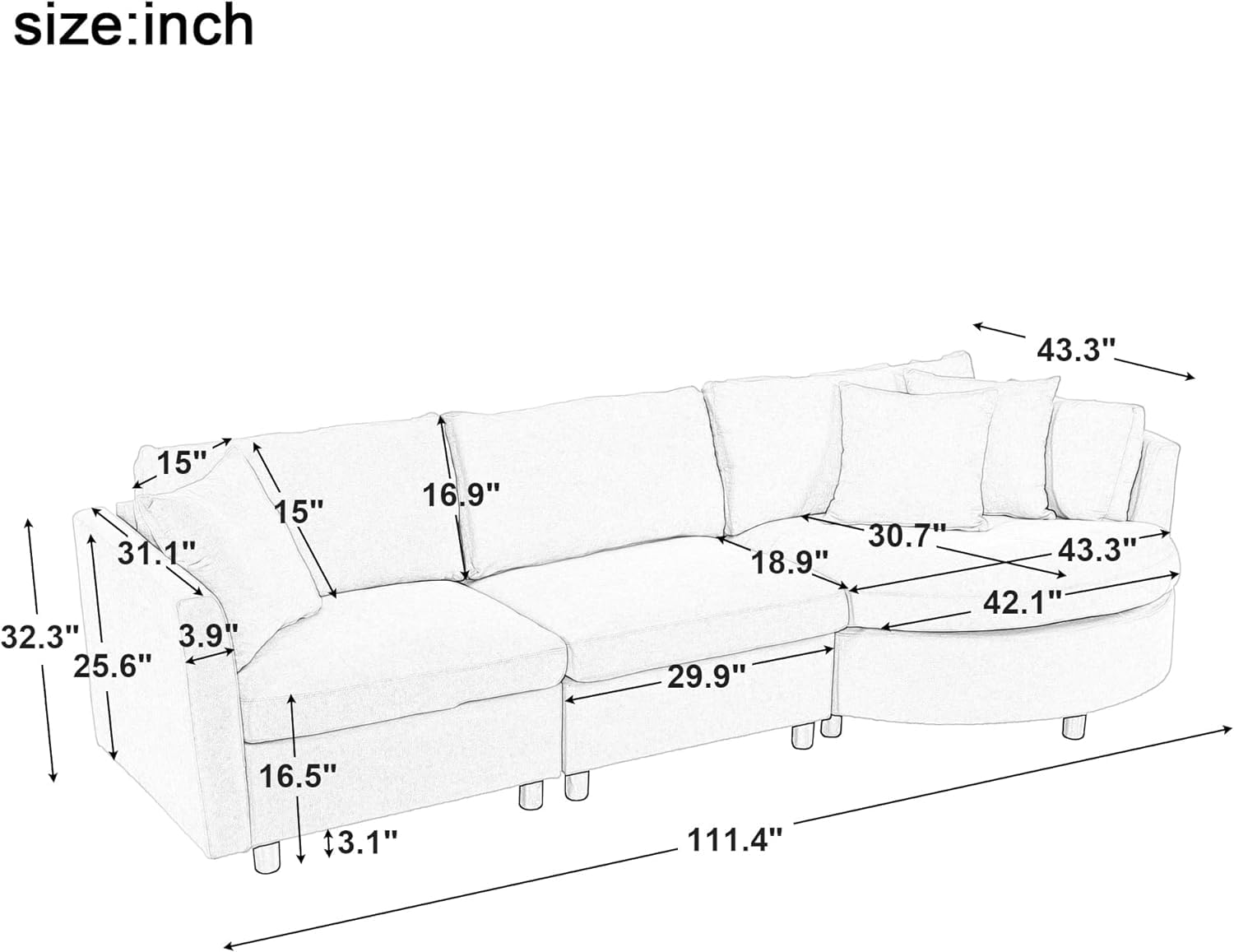 BSYEIO 111.4" Modern Sectional Sofa Couch for Living Room L-Shape Sofa Couch with Curved Chaise, Upholstered 3-Seat Sofa Couch Fabric Couch Set for Apartment Office Grey