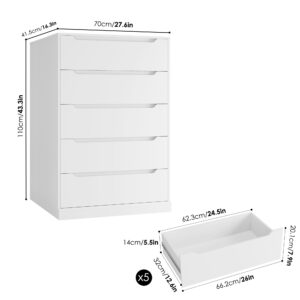 HOSTACK Modern 5 Drawer Dresser for Bedroom, Tall Chest of Drawers with Storage, Large Wood Cloth Storage Organizer with Cut-Out Handle, Accent Storage Cabinet for Living Room, Hallway, Classic White