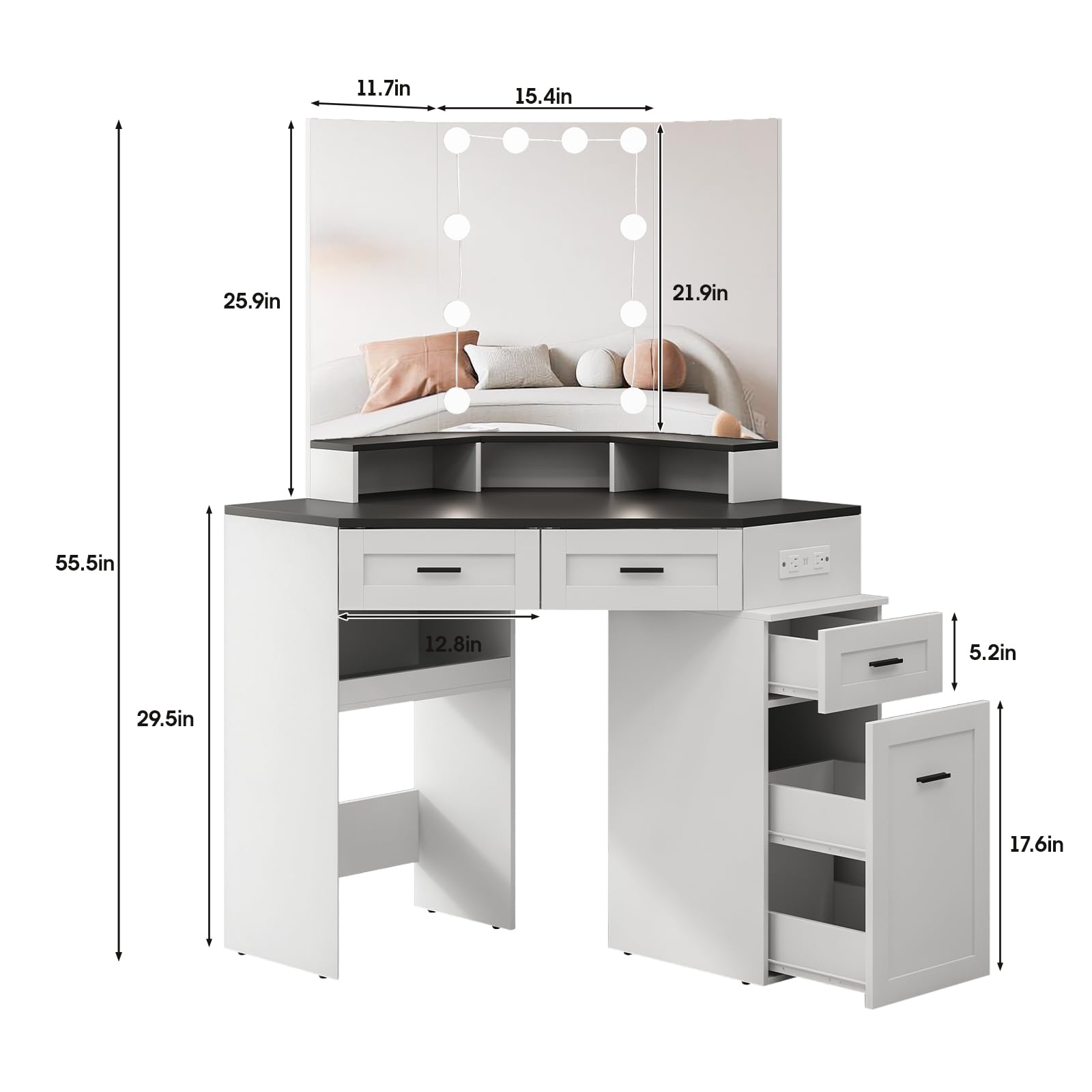 Fameill Corner Vanity Desk with Tri-Fold Mirror and Adjustable Light, Makeup Dressing Table with Power Outlet, 3 Drawers, Sliding Cabinet, Open Shelves, White Vanity Desk for Bedroom, Women, and Girls