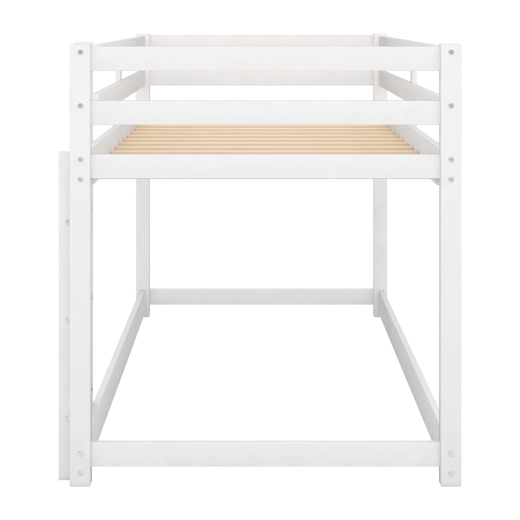 LUSPAZ Twin Over Twin Size Wood Floor Bunk Bed Frame with Ladder for Kids, Transitional Style Safety Design Bunk Bed, Easy Assembly, No Box Spring Required, for Kid's Room or Dormitory, White