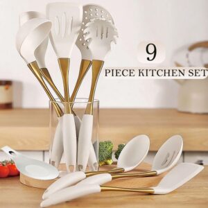 UMEONEVE White And Gold Silicone Cookware Set, 9-Piece, Universal Kitchen Utensils,gold with white kitchen utensils，Silicone Spatula Cooking Spoons for Nonstick Cookware Golden Stainless steel Handle