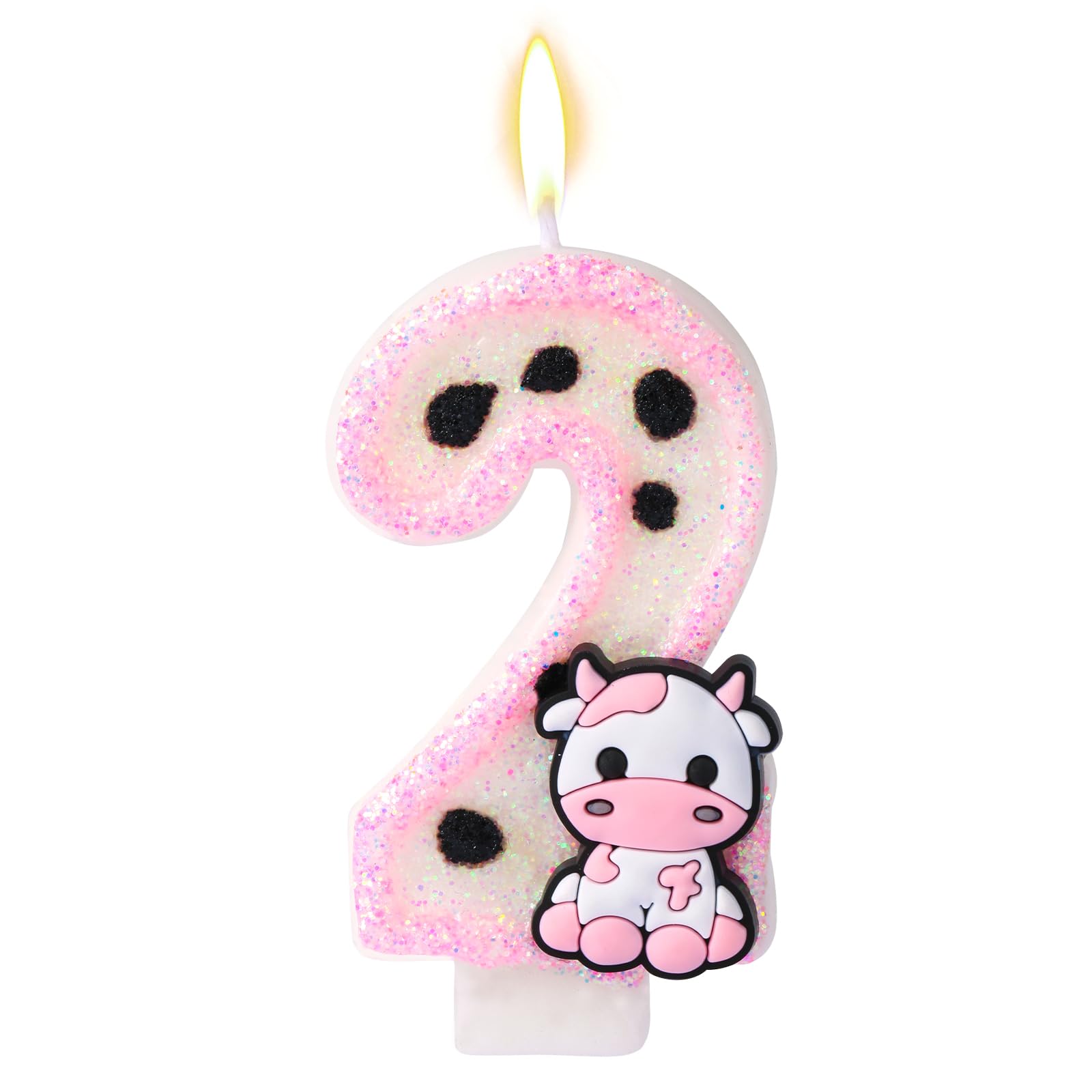 Cow Candle, Milk Cow Print Number Candle Glitter Cake Topper Birthday Cake Candles Farm Animal Theme for Girls Boys Birthday Decorations Baby Shower Party Favor Supplies (Number 2)