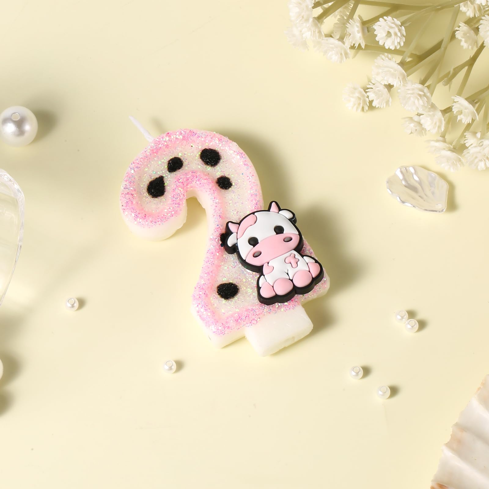 Cow Candle, Milk Cow Print Number Candle Glitter Cake Topper Birthday Cake Candles Farm Animal Theme for Girls Boys Birthday Decorations Baby Shower Party Favor Supplies (Number 2)