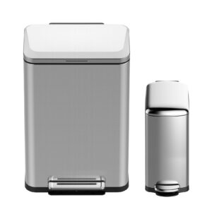 garveehome trash can set 2 pack, 13 gal stainless steel trash can with lid, step on waste bins, 2 gal slim trash can for narrow space