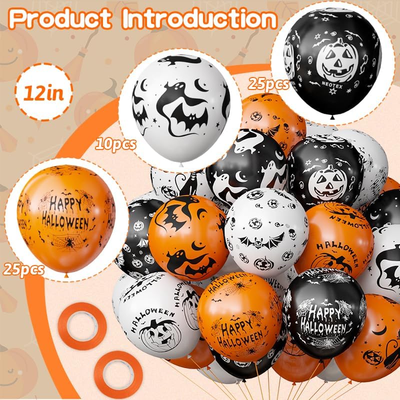 OuMuaMua Halloween Party Balloon Decorations, 60Pcs Black Orange and White Balloons Pumpkin Ghost Bat Skull Spider Webs Print Balloons for Halloween Party Decoration Kids Birthday Baby Shower Supplies