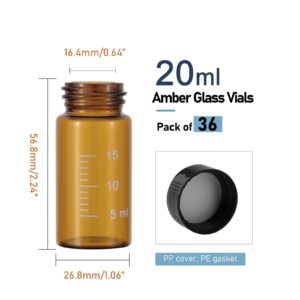 Njvial 36Pcs 20ml Small Amber Glass Vials with Lids and Scale Lab Sample Vials Empty Refillable Perfume Travel Mini Glass Graduated Measuring Bottles with Screw Caps for Essential Oils