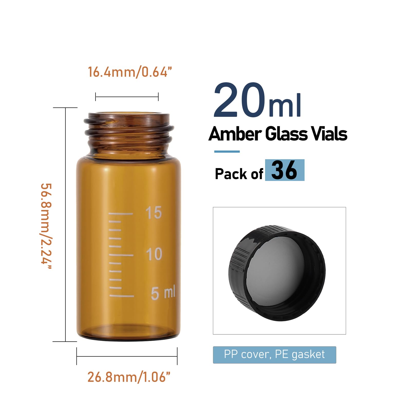 Njvial 36Pcs 20ml Small Amber Glass Vials with Lids and Scale Lab Sample Vials Empty Refillable Perfume Travel Mini Glass Graduated Measuring Bottles with Screw Caps for Essential Oils