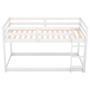 LUSPAZ Twin Over Twin Size Wood Floor Bunk Bed Frame with Ladder for Kids, Transitional Style Safety Design Bunk Bed, Easy Assembly, No Box Spring Required, for Kid's Room or Dormitory, White