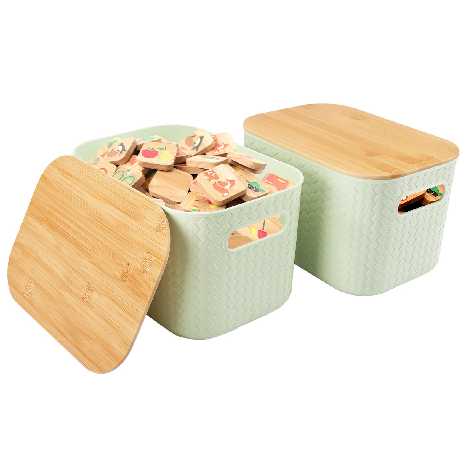 2 Packs Storage Bins with Bamboo Lids,Plastic Stackable Storage Containers,Storage Box Storage Baskets Lidded Organizer Bins for Shelves Drawers Desktop Closet Playroom Classroom Office (Green)