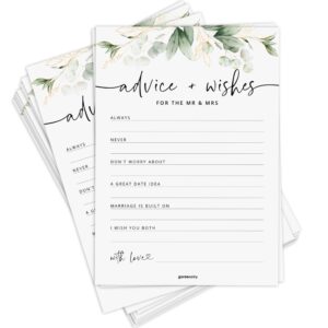 advice and wishes for the mr and mrs, eucalyptus wedding advice cards, greenery advice for bride cards, advice cards for bridal shower, wedding registry ideas, green bridal shower games, 50 pack