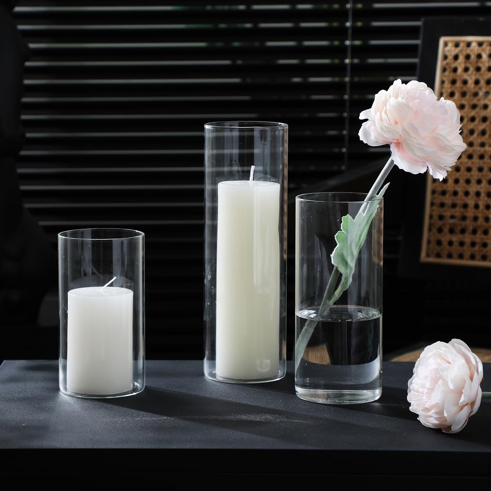 PNJHDZ 24 Pcs White Pillar Candles and Glass Candle Holders, Clear Cylinder Vases Pillar Candle Holders for Pillar Candles, Hurricane Candle Set for Wedding Party, Event, Home Office Decor