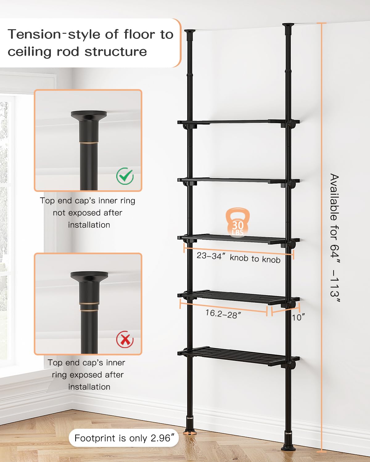 ALLZONE 5-Tier Metal Storage Shelves Organizer, Adjustable Width and Height, Shelving Units and Storage with Tension Mount, Versatile for Kitchen Shelves, Closet Shelves, Laundry Room Shelves, Black