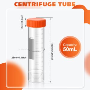 Xuhal 100 Pack 50ml Self Standing Centrifuge Tubes 28 x 116 mm Plastic Test Tubes with Caps Skirted Conical Tubes Vials with Screw Cap, Graduated Marks for Science Experiments, Liquids, Party Supplies