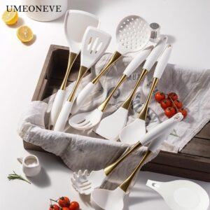 UMEONEVE White And Gold Silicone Cookware Set, 9-Piece, Universal Kitchen Utensils,gold with white kitchen utensils，Silicone Spatula Cooking Spoons for Nonstick Cookware Golden Stainless steel Handle