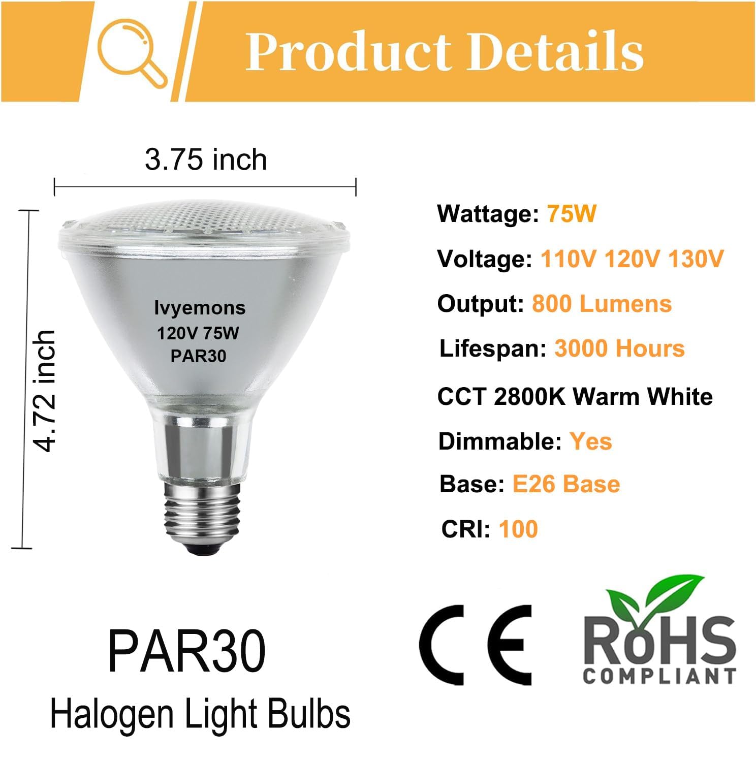 Ivyemons PAR30 Long Neck Halogen 75W 120V - 2 Pack PAR30 75W 120V Flood Bulb Warm White 2800K, PAR30 Dimmable E26 Base, High Output 800LM 75W PAR30 Halogen Bulb for Tracking Light, Recessed Light