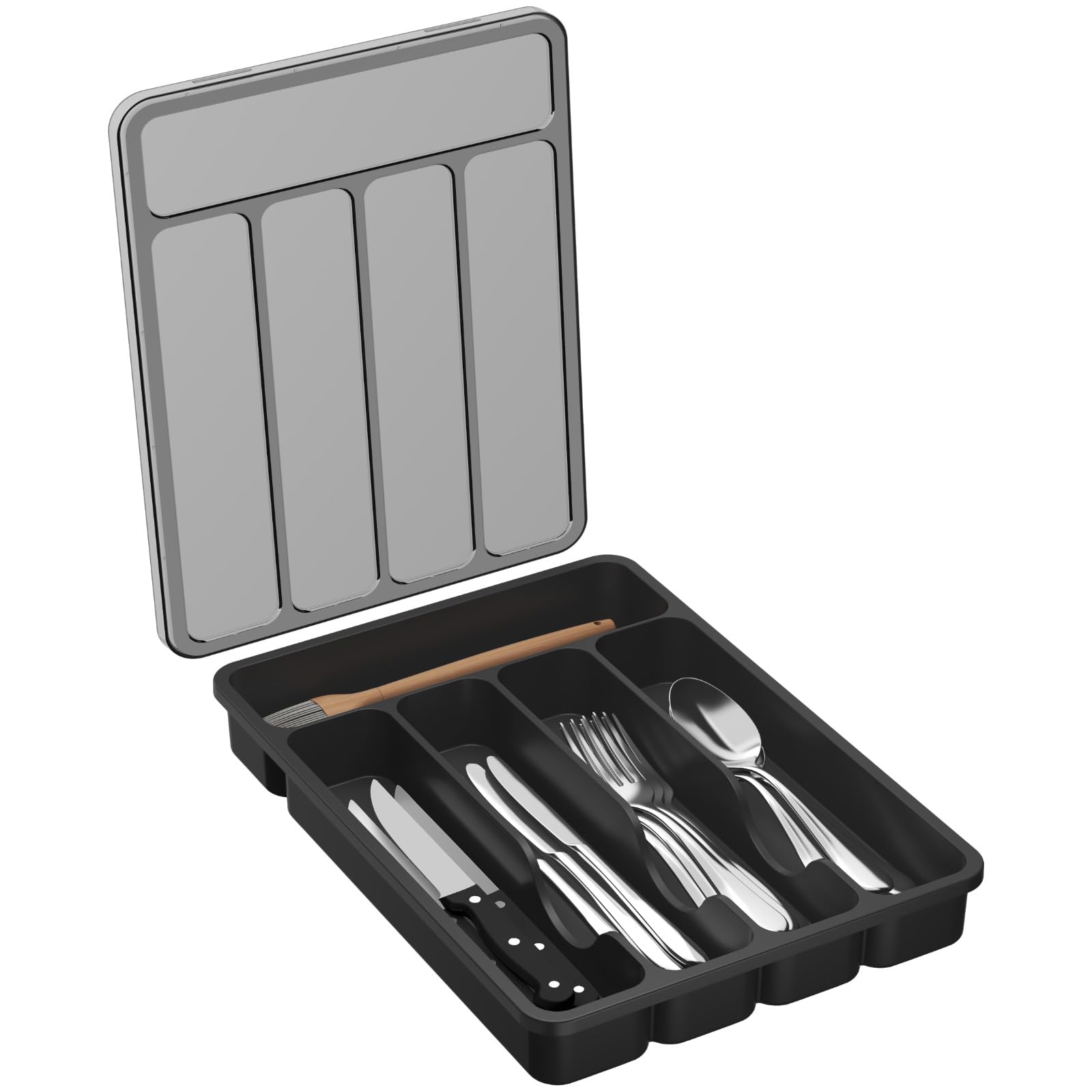 Lifewit Silverware Organizer with Lid, Covered Utensil Tray for Kitchen Drawer and Countertop, Plastic Cutlery and Flatware Storage Box for Spoons Forks Knives Holder Case, 5 Compartments, Black