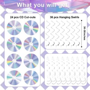 60 pcs 90's Party Decorations Retro 90s Theme Party Hanging Swirls CD Disco Cutout Wall Decor Sign with Hanging Swirls Ceiling for Music Party 1990's 2000s Birthday Party Favors Supplies