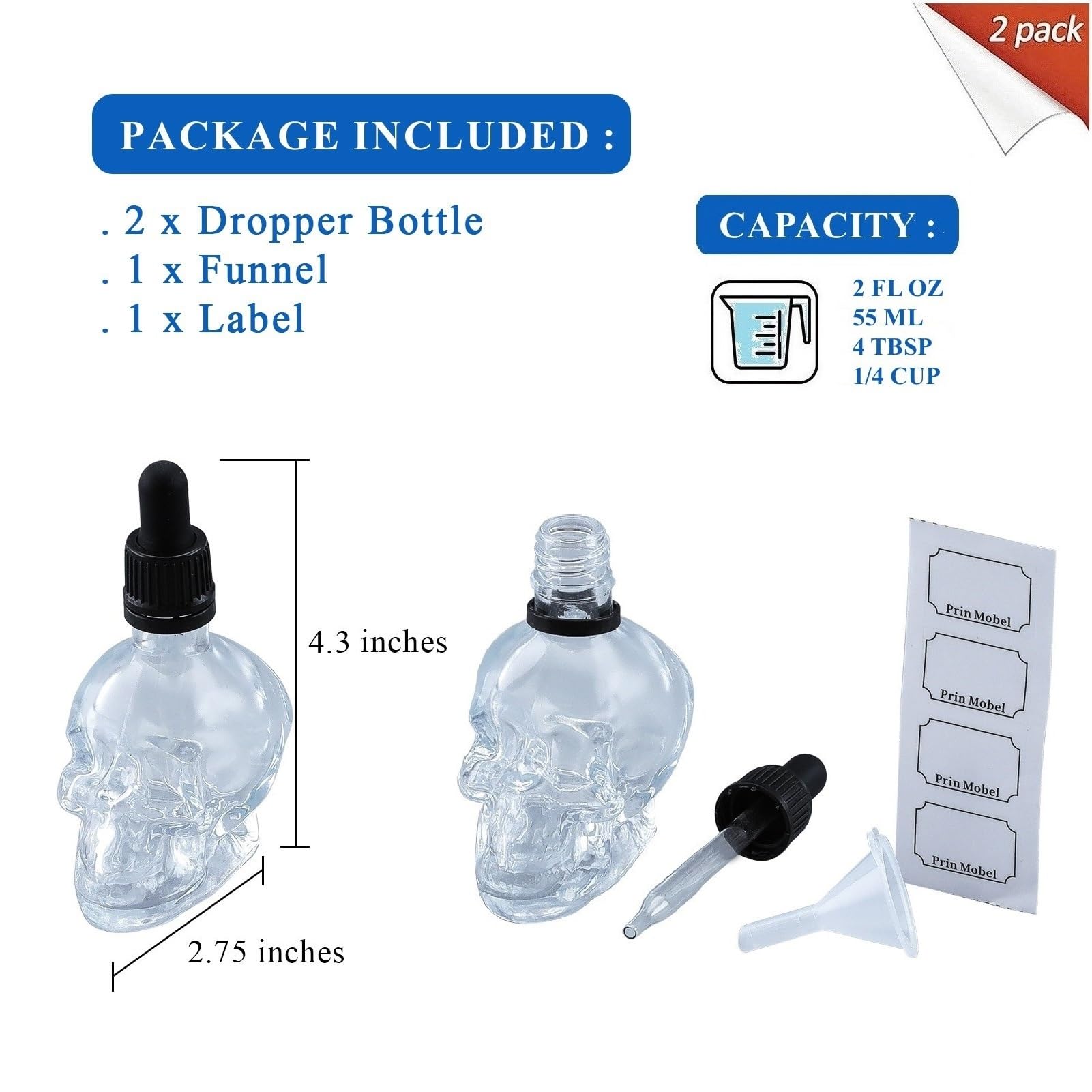 Gaussra Skull Glass Dropper Bottle with Funnel & Labels - 2 Pack - 2 oz Small Empty Eye Dropper Bottle - For Aromatherapy Refillable Essential Oil, Beauty Oil Mix, Beard Oil, Flavor Oil Dispenser