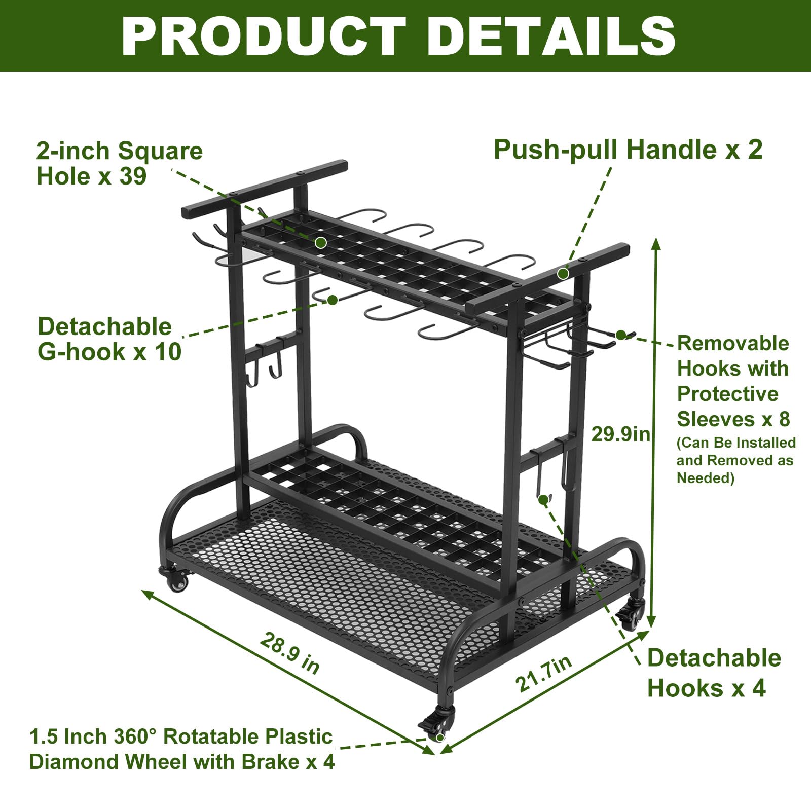 YAGEANNL Garden Tool Organizer with Wheels, Large Capacity Garage Tool Organizer with Hooks, Garden Tool Rack for Broom, Shovel, Long Handled Tool, Metal Yard Tool Organizer for Garage, Shed, Outdoor