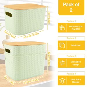 2 Packs Storage Bins with Bamboo Lids,Plastic Stackable Storage Containers,Storage Box Storage Baskets Lidded Organizer Bins for Shelves Drawers Desktop Closet Playroom Classroom Office (Green)