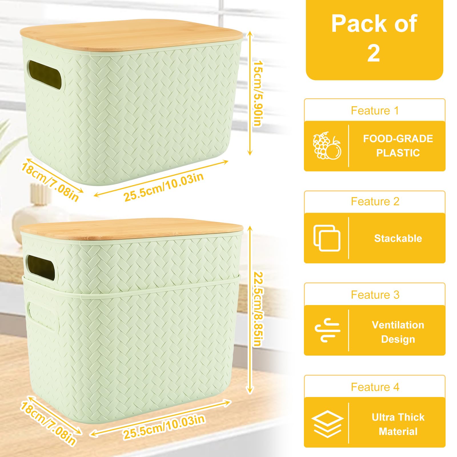 2 Packs Storage Bins with Bamboo Lids,Plastic Stackable Storage Containers,Storage Box Storage Baskets Lidded Organizer Bins for Shelves Drawers Desktop Closet Playroom Classroom Office (Green)