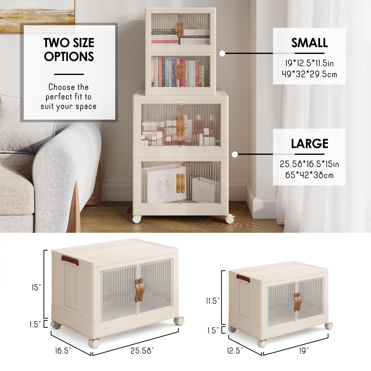 3 Pack Stackable Storage Bins with Lids 8.8 GAL - Collapsible Storage Bins Open Front & Top Home Office Closet Storage Organization, Foldable Plastic Clothes Storage Cabinet 360° Wheels, White 35 QT