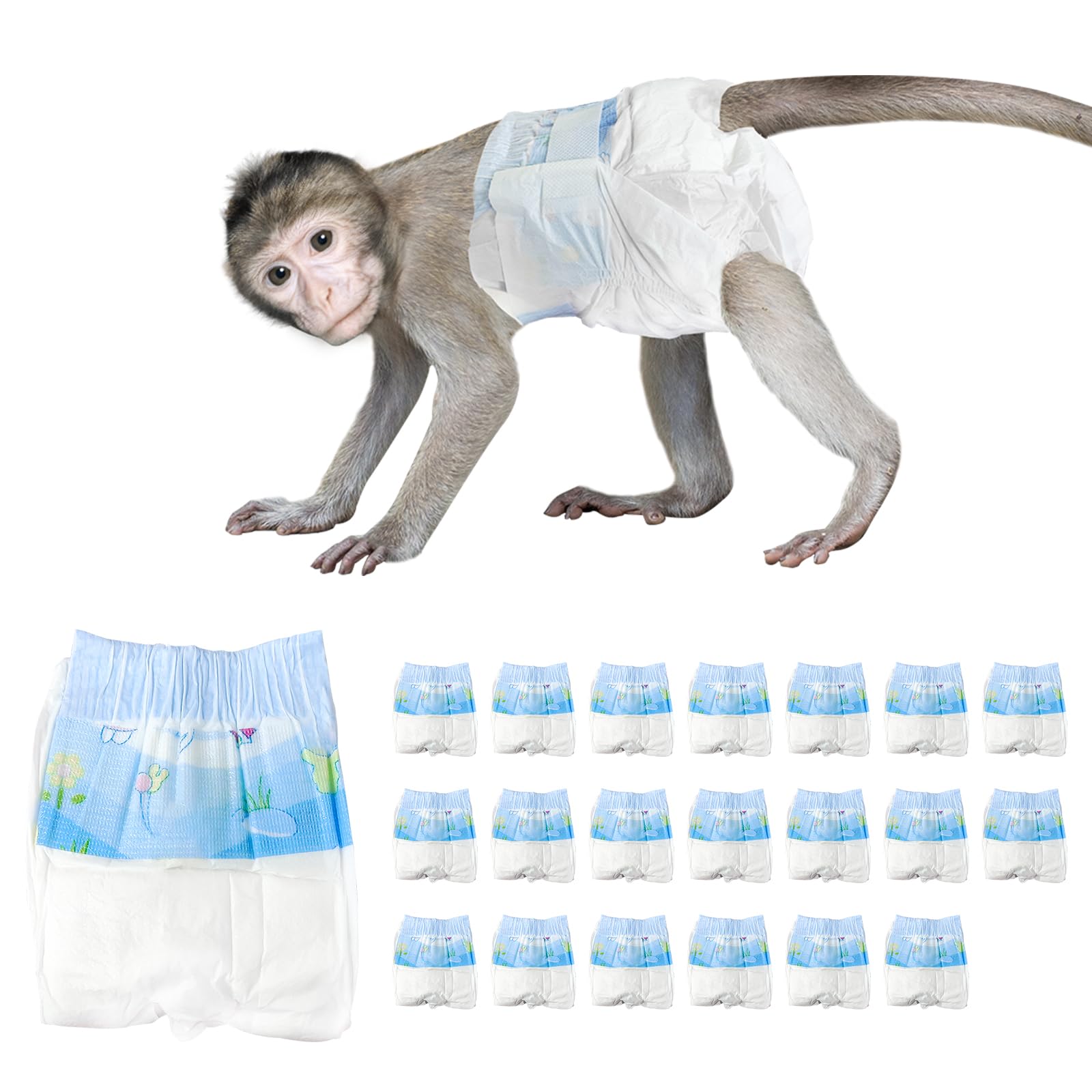 Disposable Monkey Diapers,Marmoset Diapers with Adjustable Elastic Waistline,Monkey Diapers for Pet Monkeys,Ultra Absorbent Leak-Proof,for Marmosets、Capuchin Monkeys、Proboscis Monkey Etc.(20PCS) (s)