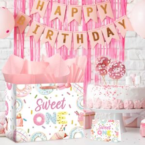 Wayyogh Sweet One Gift Bag 1st Birthday Wrap Bag for Girls First Birthday Wrapping Paper Bag with Greeting Card Tissue Paper for Donuts One Year Old Girl Ice Cream Candy Baby Shower Party Supplies