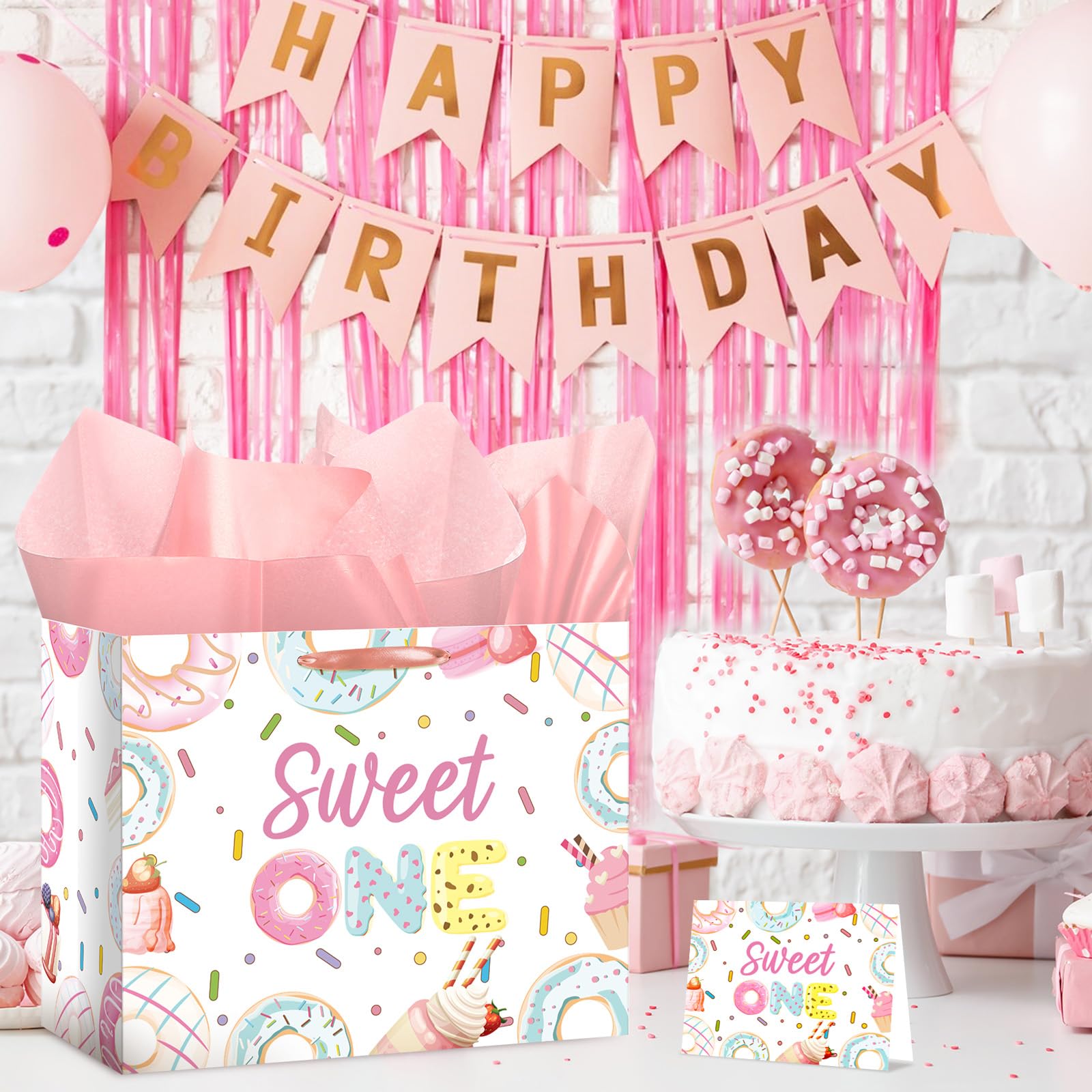 Wayyogh Sweet One Gift Bag 1st Birthday Wrap Bag for Girls First Birthday Wrapping Paper Bag with Greeting Card Tissue Paper for Donuts One Year Old Girl Ice Cream Candy Baby Shower Party Supplies