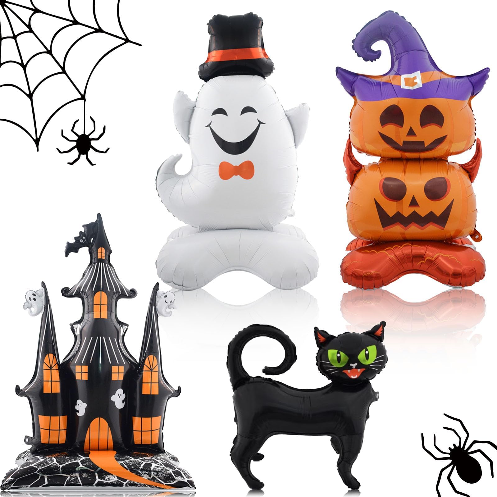 4 Pieces Inflatable Standing Halloween Foil Balloons Inflatable Standing Spooky Castle Pumpkin Black Cat Maylar Foil Balloon for Day of The Dead Horror Halloween Party Decorations