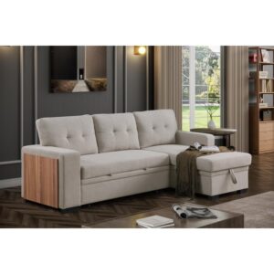 devion furniture fabric reversible modern side compartment sleeper sectional sofa bed light gray