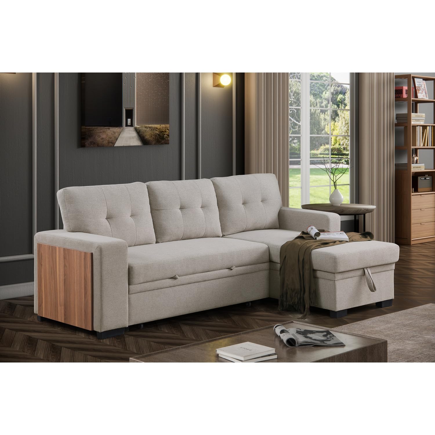 Devion Furniture Fabric Reversible Modern Side Compartment Sleeper Sectional Sofa Bed Light Gray