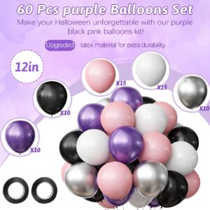 OuMuaMua Halloween Balloons Decorations, 60Pcs 12Inch Pink Black and White Balloons Metallic Purple Silver Latex Balloons for Kids Halloween Party Birthday Baby Shower Graduations Party Decorations