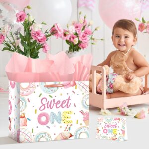 Wayyogh Sweet One Gift Bag 1st Birthday Wrap Bag for Girls First Birthday Wrapping Paper Bag with Greeting Card Tissue Paper for Donuts One Year Old Girl Ice Cream Candy Baby Shower Party Supplies