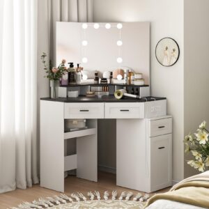 Fameill Corner Vanity Desk with Tri-Fold Mirror and Adjustable Light, Makeup Dressing Table with Power Outlet, 3 Drawers, Sliding Cabinet, Open Shelves, White Vanity Desk for Bedroom, Women, and Girls