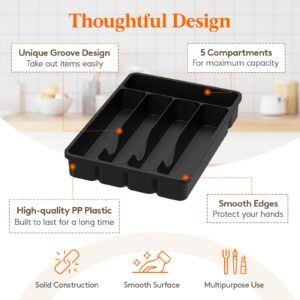 Lifewit Silverware Organizer with Lid, Covered Utensil Tray for Kitchen Drawer and Countertop, Plastic Cutlery and Flatware Storage Box for Spoons Forks Knives Holder Case, 5 Compartments, Black