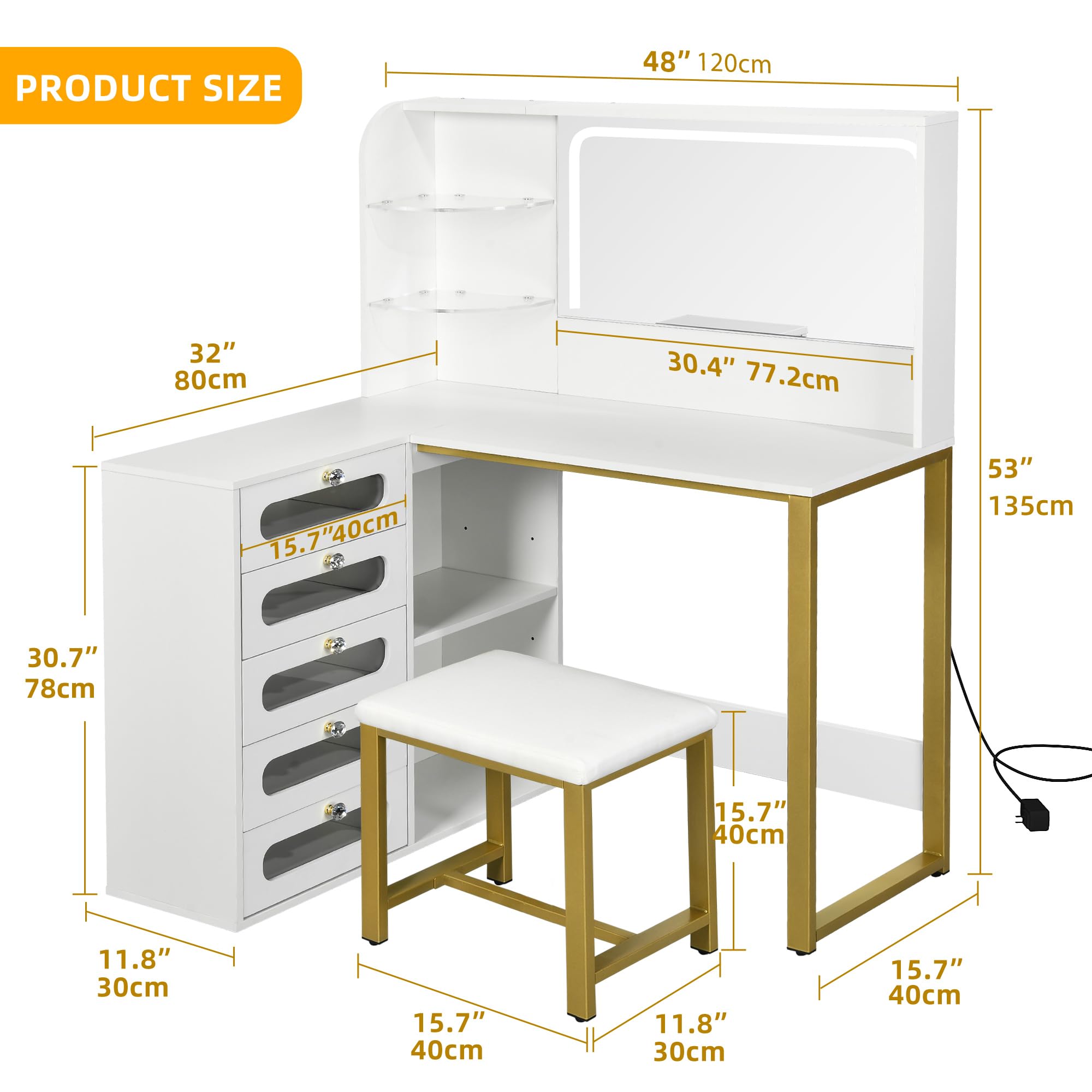 YITAHOME Vanity Desk Set- L Makeup Vanity with Mirror and Lights 3 Lighting Modes, 48" Large Dressing Table with 5 Tempered Glass Drawers with Open Storage Shelves Vanity Table, White