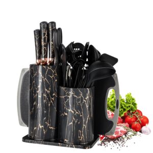 cooking utensils set, 25 pcs black sharp knife set for kitchen,stainless steel knives set,includes 17-piece silicone kitchen utensils set,5 sharp stainless steel chef knives,scissors,and cutting board