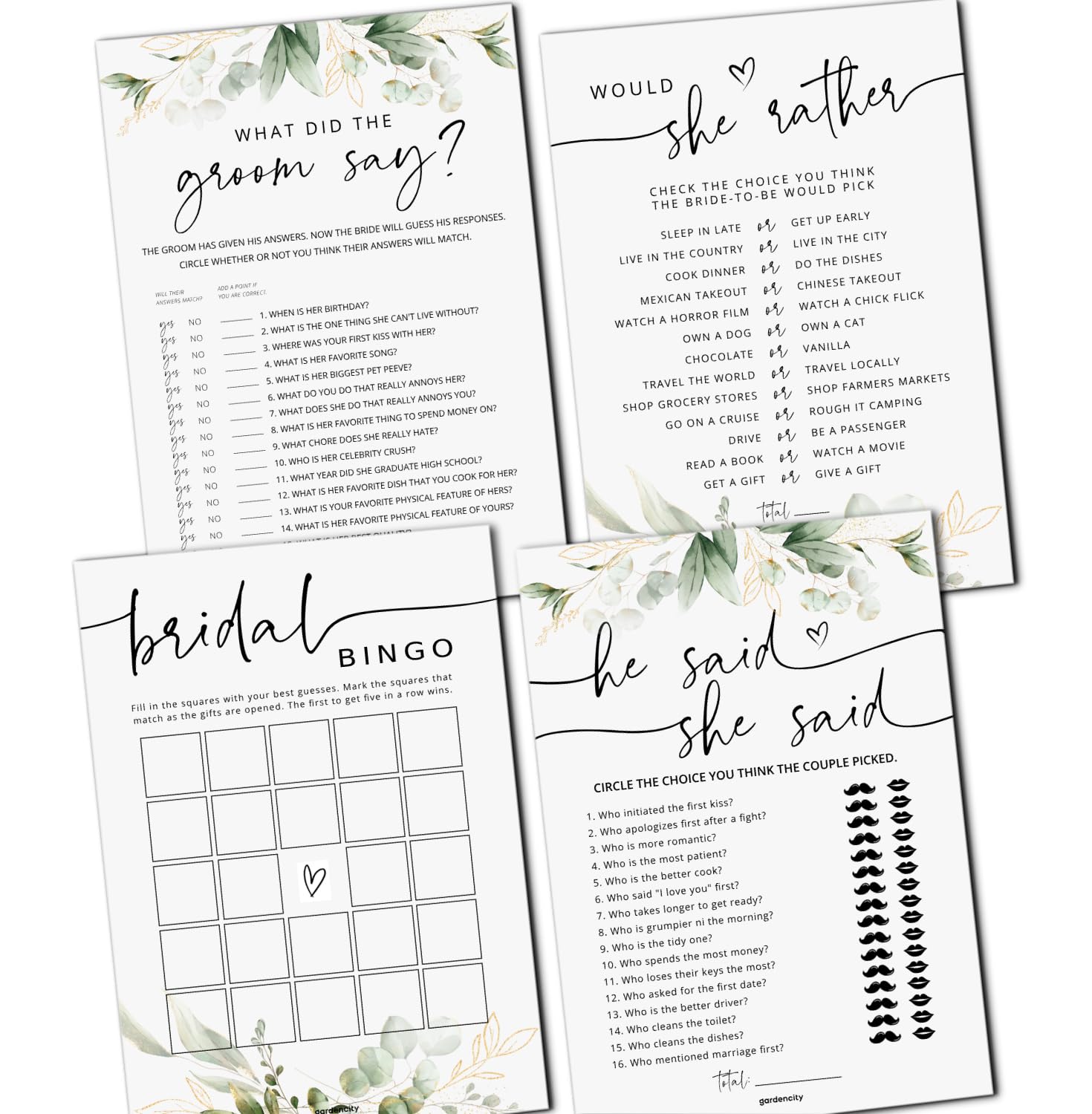 Bridal Shower Games - Set of 4 Bridal Shower Games for 30 Guests, Double-Sided Cards (Eucalyptus)