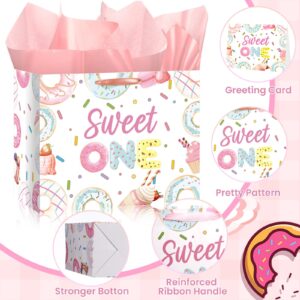 Wayyogh Sweet One Gift Bag 1st Birthday Wrap Bag for Girls First Birthday Wrapping Paper Bag with Greeting Card Tissue Paper for Donuts One Year Old Girl Ice Cream Candy Baby Shower Party Supplies