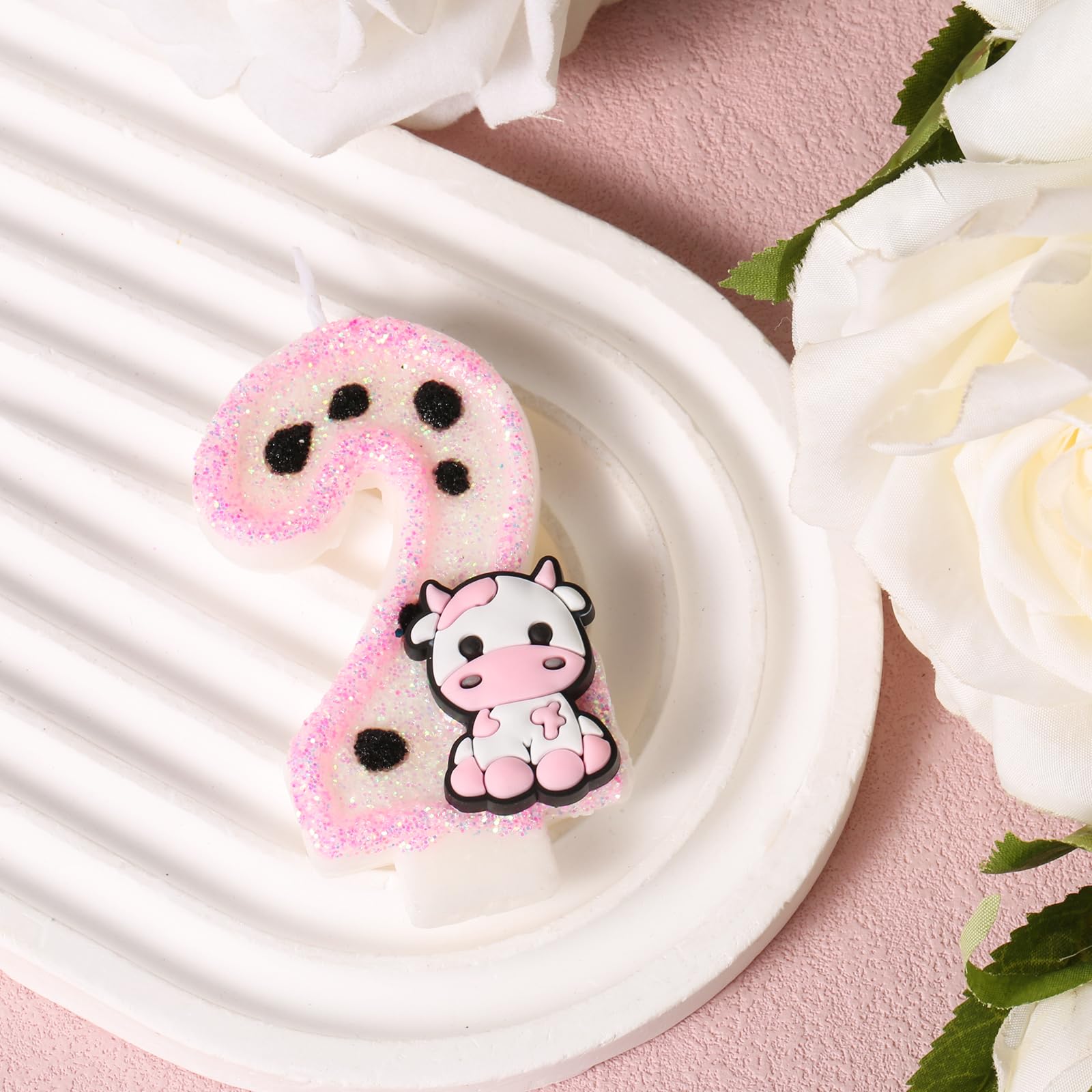 Cow Candle, Milk Cow Print Number Candle Glitter Cake Topper Birthday Cake Candles Farm Animal Theme for Girls Boys Birthday Decorations Baby Shower Party Favor Supplies (Number 2)