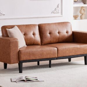 SOMEET Leather Sofa Couches for Living Room, 79” Oversized Loveseat Sofa, 3 Seat Mid Century Modern Couch, Faux Brown Leather Couch, Love Seat Comfy Sofas with Solid Leg, Bedroom Couch, Cognac Tan