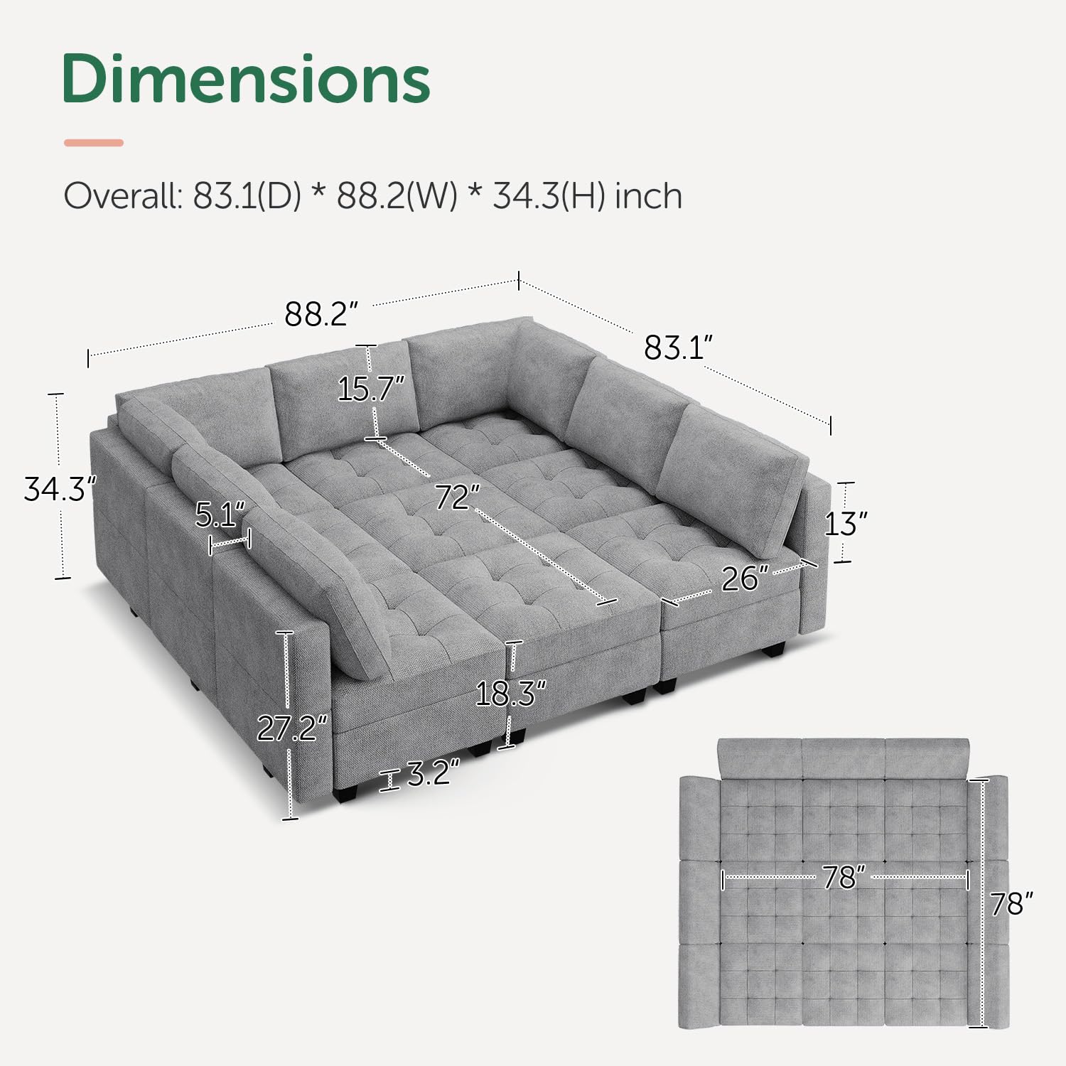 HONBAY Modular Sectional Sofa with Storage Modular Couch with Chaise for Living Room Convertible 9 Seater Sectional Couch Light Grey